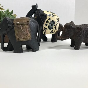Vintage boho elephant set, Boho elephant figurines, Vintage wood, bone inlay and cast iron elephant figurines, Elephant figurines 3 in set