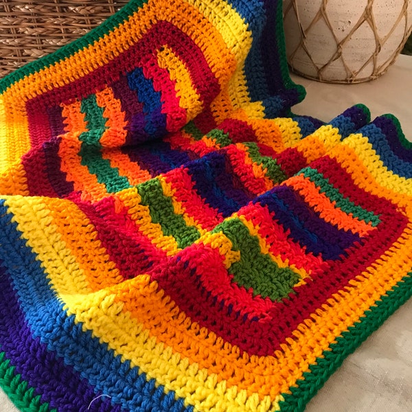 Vintage handmade small crochet knit rainbow lap blanket, Vintage handmade crochet rainbow accent small throw blanket, rainbow blanket