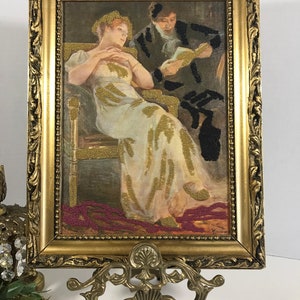 Victorian man woman portrait print altered framed art, Vtg decoupaged portrait reimagined with small beads throughout the framed print.