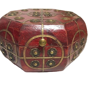 Vintage rustic wood box, Wood decorative box with brass details, wooden box with studding, brass accented red wooden octagon shaped box
