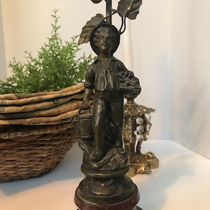 Antique French Jardinier Boy Statue, MB France Figural Lamp Base, French Country Figurine Decor, Romantic Revival Style Statue