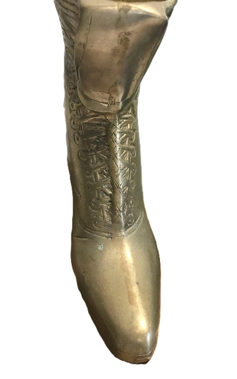 Vintage Solid Brass Victorian Boot Vase, Heavy Brass Lace-Up Shoe Sculpture image 5