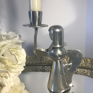 Vintage handmade pewter primitive look angel candleholder, Vintage pewter angel holding candle, Vintage pewter Christmas angel candle holder