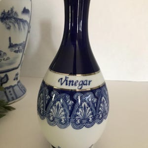 Vintage blue and white porcelain vinegar bottle, Vtg Bombay Company white and blue vinegar decanter, blue and white kitchen decor
