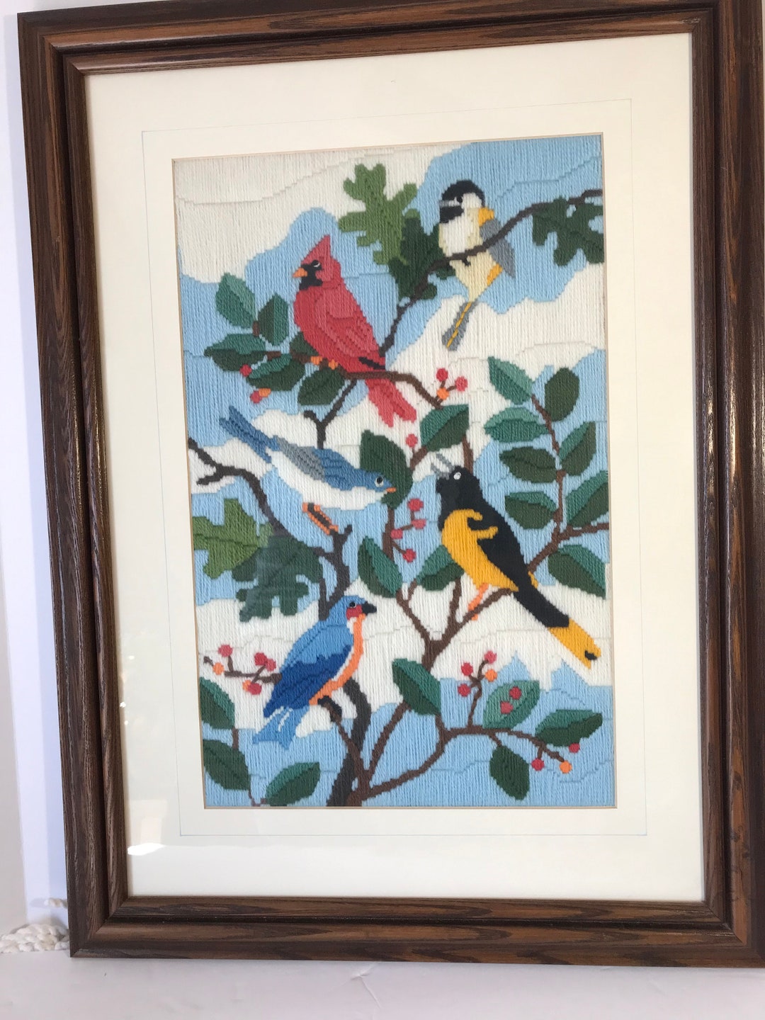 Vintage Crewel Art Four Birds on a Branch Vintage Framed Bird Etsy