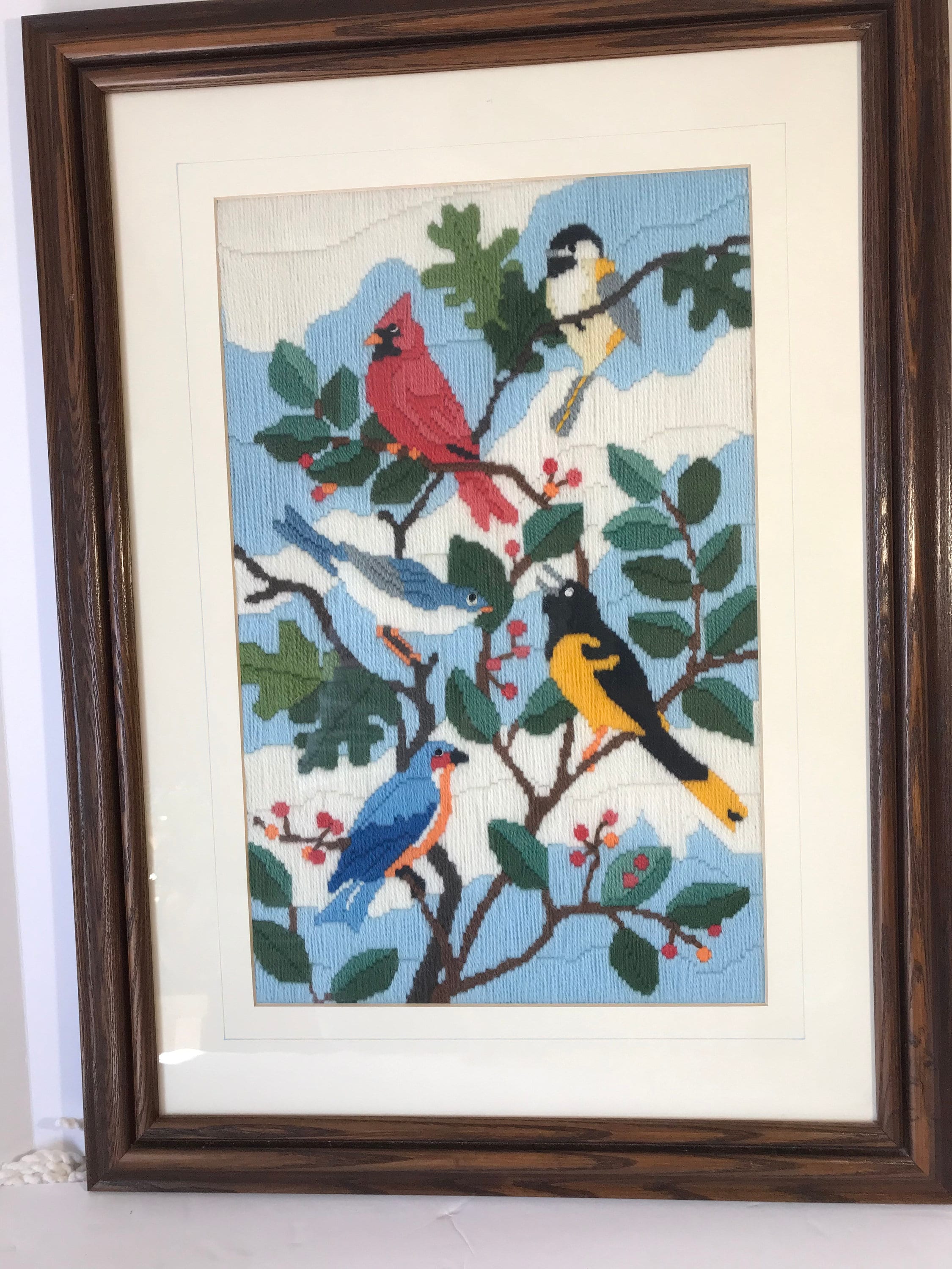 Vintage Crewel Art Four Birds on a Branch Vintage Framed Bird Etsy