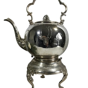Vintage elegant silverkanna på stativ, Vintage försilvrad vintage kaffekanna på stigare, Försilvrad kaffekanna med silver 3-bens stativ