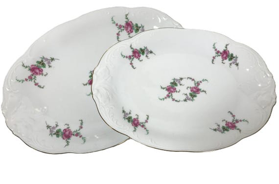 Vintage RK Royal Kent Keramik Porzellanplatte, Vtg Royal Kent Collection Poland Keramik weiß floral handbemalte ovale Platte 2er Set
