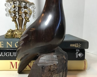 Vintage carved wood parrot sculpture, dark ironwood carved large parrot statue, elegant bird statue, wooden bird parrot decor, parrot decor