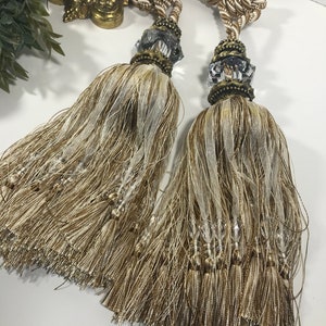 Vintage late 90s decorative furniture tassels with glass beading, Vtg bronze gold heavy home decor tassels with large faceted glass center.