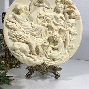Placa de pared vintage, decoración de pared vintage de alabastro blanco Alberto Santangelo, decoración de pared italiana de piedra vintage La Nativita firmada Santangelo
