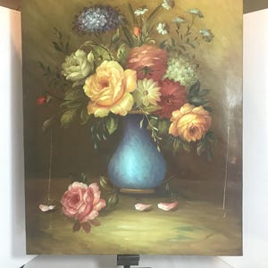 Vintage moody floral original painting 20x25, unsigned, French Country style rose painting, elegant floral painting, floral still life art