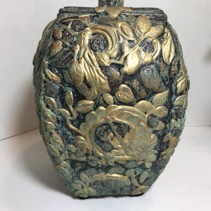 Vintage Sancai ceramic raised pattern ginger jar, Vintage majolica style figural large ornate vase urn with lid, unique textured urn vase