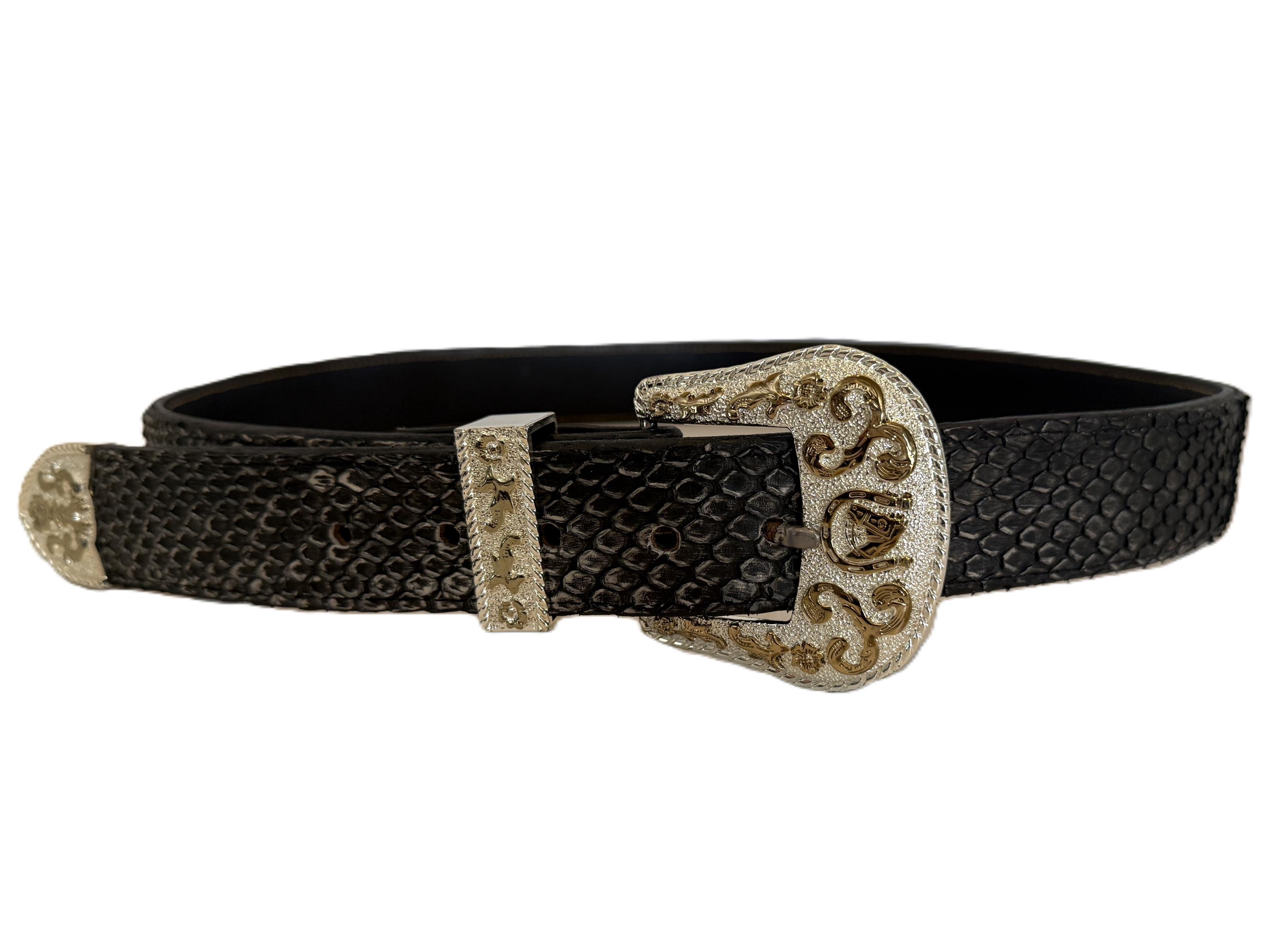 Vintage Western Black Leather Snakeskin Inlay Belt Made in USA Size 28 GL53772 Vintage Genuine Snakeskin Western Belt With Ornate Silver  main image 2