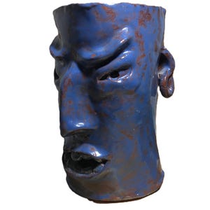 Vintage Outsider style art pottery face vessel, Blue glazed amateur style ceramic face vase, ceramic blue modern style handmade face planter