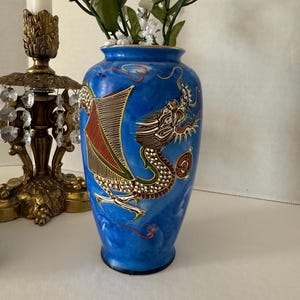 Vintage Japanese Blue & Gold Moriage Dragon Vase – Hand Painted Raised Design Dragon Ware 6.25&quot; Petite Vase
