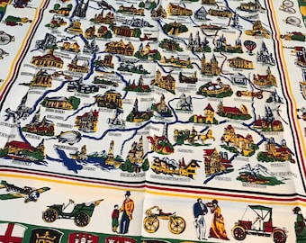 Vintage white German souvenir tablecloth 52x64", Vtg new vintage German landmarks souvenir rectangle tablecloth, vintage German tablecloth
