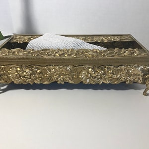 Vintage gold ornate vanity tissue holder, Vintage Hollywood Regency gold vanity cherub footed tissue box, Ornate gold toned vanity decor
