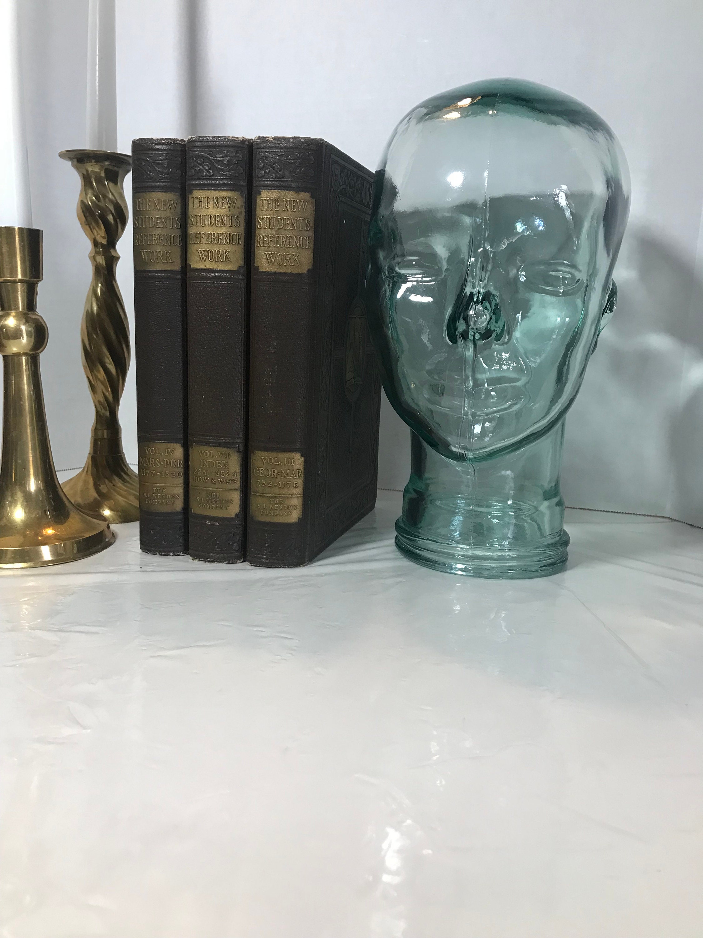 ヴィンテージの透明な緑色のガラスの頭像、ヴィンテージのガラスの