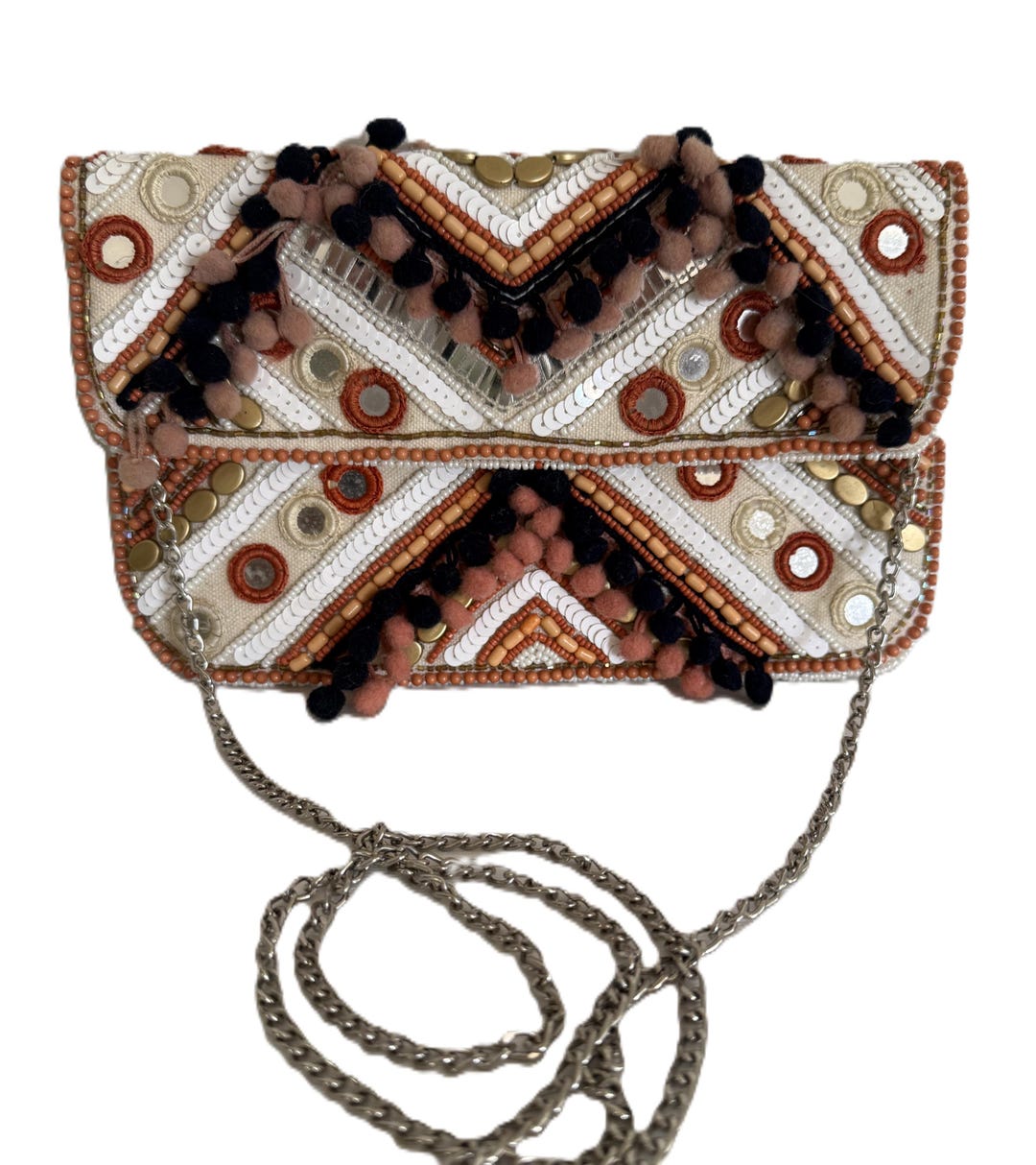 Clements Ribeiro Beaded Pom Pom Embellished Clutch Crossbody Bag Boho ...