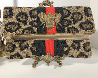 Beaded leopard print clutch purse, Beaded bee and leopard handbag purse clutch, black gold and red beaded clutch handbag evening bag purse