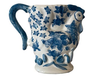 pichet coq bleu et blanc vintage, pichet à volaille figuratif en céramique peint à la main, décoration de cuisine de ferme