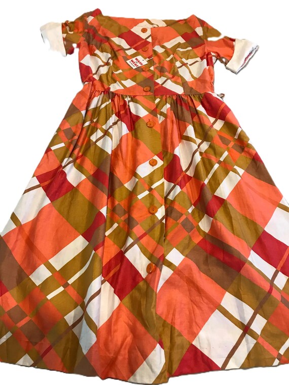 orange pin up dress Vintage Lucy style dress, Vintage Fresh Silks vibrant orange, coral and white button front dress, Vintage 40s Pin Up style silk dress
