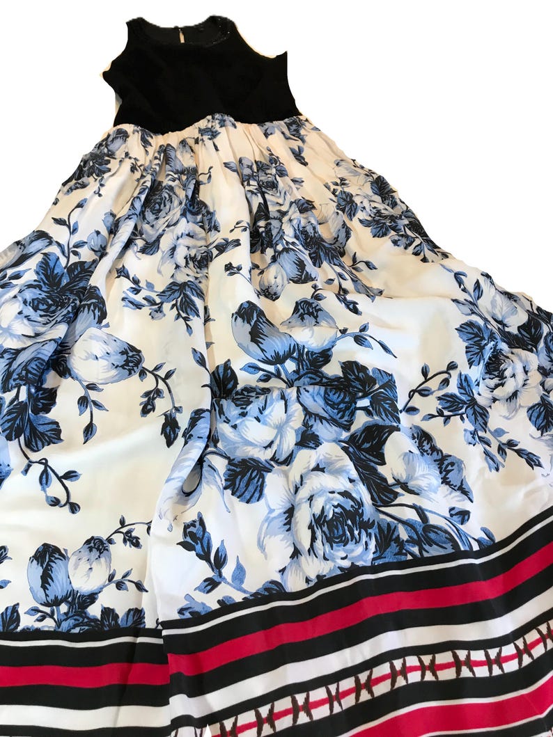 ATSU black and blue floral maxi dress, Size 6, Unique ATSU Anthropologie beaded bodice dress with floral and Ikat pattern long dress. image 2
