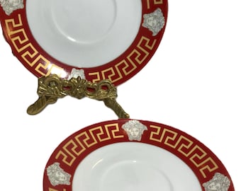 Plato pequeño de porcelana vintage con llave griega roja y Medusa, diseño alemán Tirschenreuth Bavaria SMCS, estilo Versace.