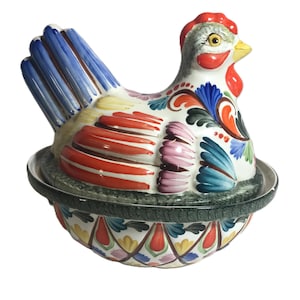 Vintage Pintado a Mano ceramic hand painted rooster serving dish, ceramic colorful rooster serving bowl with lid, Unique Spain rooster dish