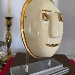 Vintage Signed Ceramic Wall Mask, Ivory Studio Pottery Face Sculpture, Modern 3D Wall Art, Bronze Trim Gallery Wall Decor image 6