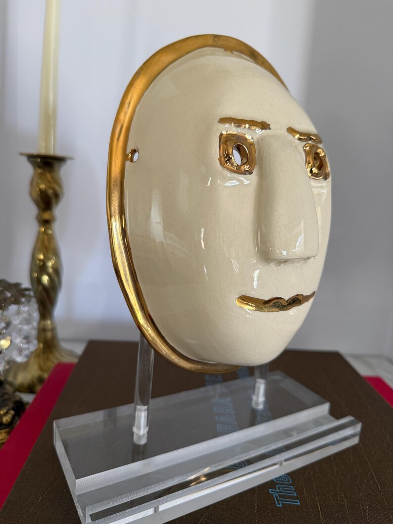 Vintage Signed Ceramic Wall Mask, Ivory Studio Pottery Face Sculpture, Modern 3D Wall Art, Bronze Trim Gallery Wall Decor image 6