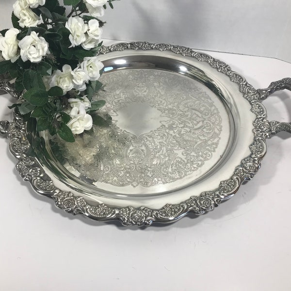 Vintage Silver plate round tray, Vintage silverplate Oneida large tray with handles, Vtg Oneida silver plated engraved ornate serving tray