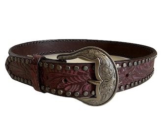 Vintage Tooled Leather Studded Western Belt Brown Pink Silver Buckle