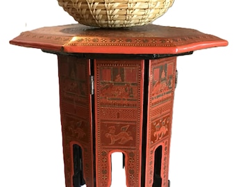 Vintage chinoiserie-decor, Aziatische houten boho gesneden kleine houten tafel/dienblad schermset, vintage houtsnijwerk tafelblad kamerscherm en dienblad