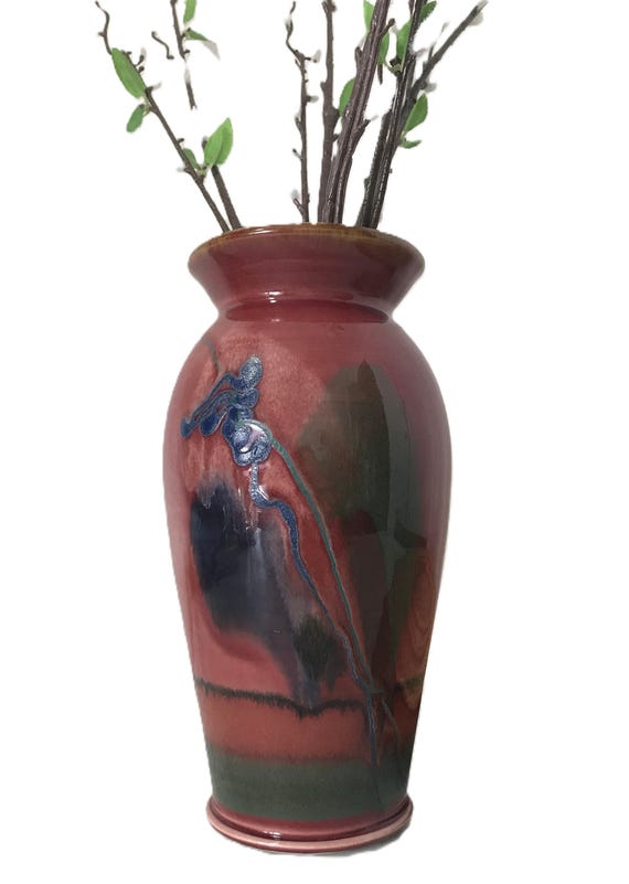Keramik Tropfglasur hohe Vase, signiert, Marshall Kunstkeramik glasierte rostfarbene bunte Vase, rostrote Keramikvase, Tropfglasur Keramikvase