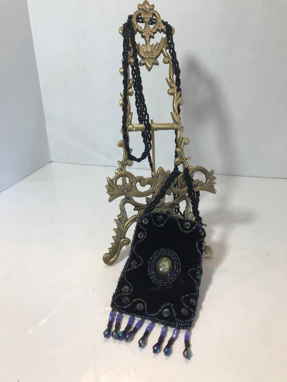 Vintage velvet necklace purse, Vtg velvet and bea… - image 1