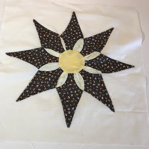 Peut inclure: Applique en forme d'éclat d'étoile en tissu fait à la main sur fond blanc. L'éclat d'étoile présente des pointes marron foncé à motifs floraux entourant un centre jaune. Le centre a des accents en forme de pétales blancs.