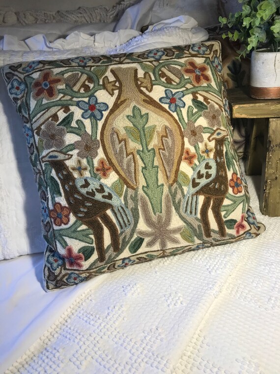 Vintage Wool Tapestry Style Pillow With Raised Embroidered Details