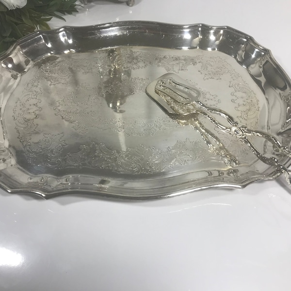 Vintage etched silver tray and tongs, Vintage silverplate rectangle etched tray, Vtg silverplate serving tray, Vintage silver barware tray