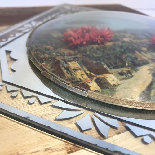 Vintage Antique Art Deco 3 dimensional convex glass art on mirrors, Vintage shops art deco mirror art with convex glass dried flower art