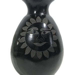 Vintage Mateos Mexico signed sculptural handmade tribal pottery vase, Vintage Mateos signed Sun, Cactus, Callalily black tribal vase