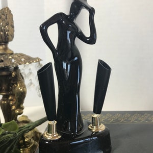 Vintage 1950s pen holder, Vtg 50s Art Deco inspired pen holder, Vintage black glazed ceramic woman figurine pen holder, unique pen holder