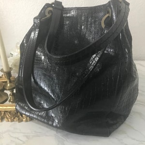 Vintage Donald Pliner Couture black purse, Donald Pliner Couture black leather bucket bag, Donald Pliner Couture embossed leather large tote
