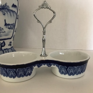 Vintage blue and white porcelain salt and pepper bowl, Vtg Bombay Company white and blue salt pepper cellar, blue and white double bowl dish
