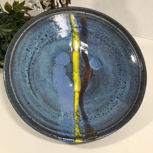Blue art pottery glazed ceramic large bowl, Handmade ceramic decorative blue ceramic dish, vibrant blue and yellow signed pottery fruit bowl