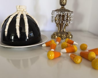Vintage Skeleton Hand Ceramic Cloche with Glass Candy Corn Halloween Decor