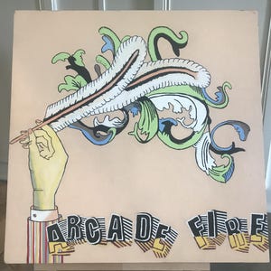 Unique original Arcade Fire painting on wood signed by artist, Arcade Fire album cover reproduction on wood, Whimsical original painting