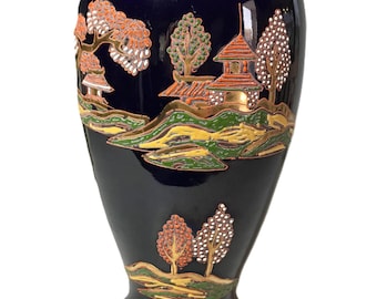 Vintage Japanese blue and gold hand painted vase, Vintage Japanese unique vase, Vintage Chinoiserie style dark blue vase with raised design