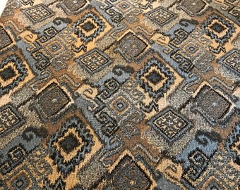 Vintage tribal aztekinspirerat möbeltyg, blå beige och svart vävd gobelängtextil, kraftigt heminredningstyg 56x160" (4,4 yards)
